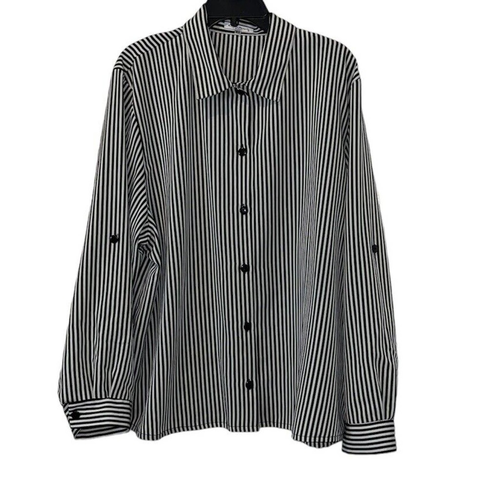 Women’s Claudia Richard Black White Stripped Long Sleeve Blouse Size 3X Roll Tab